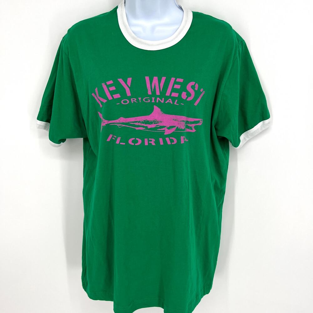 Key West Retro Ringer T Shirt Short Sleeve Green Pink Size M